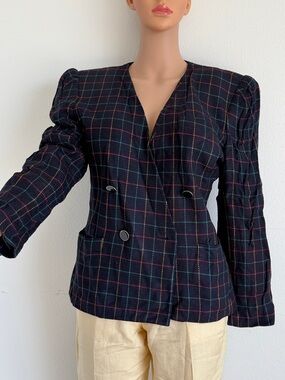 Y2k vintage Black Windowpane Double-Breasted Blazer with Subtle Colored Check